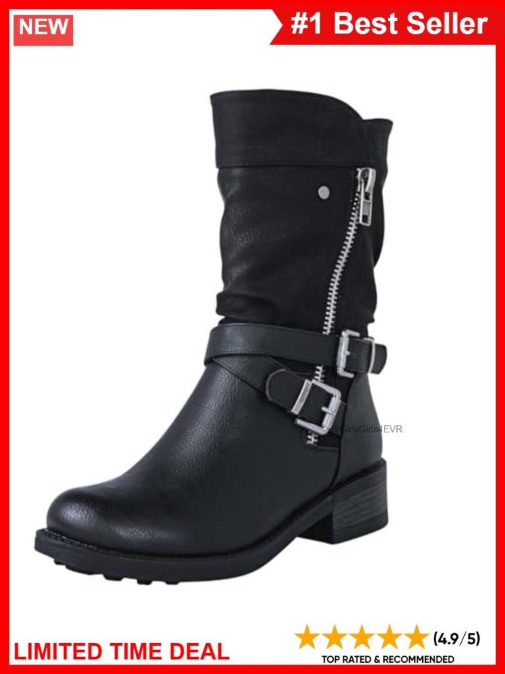 Faux Leather Mid-Calf Biker Boots Side Zipper Round Toe Low Heel